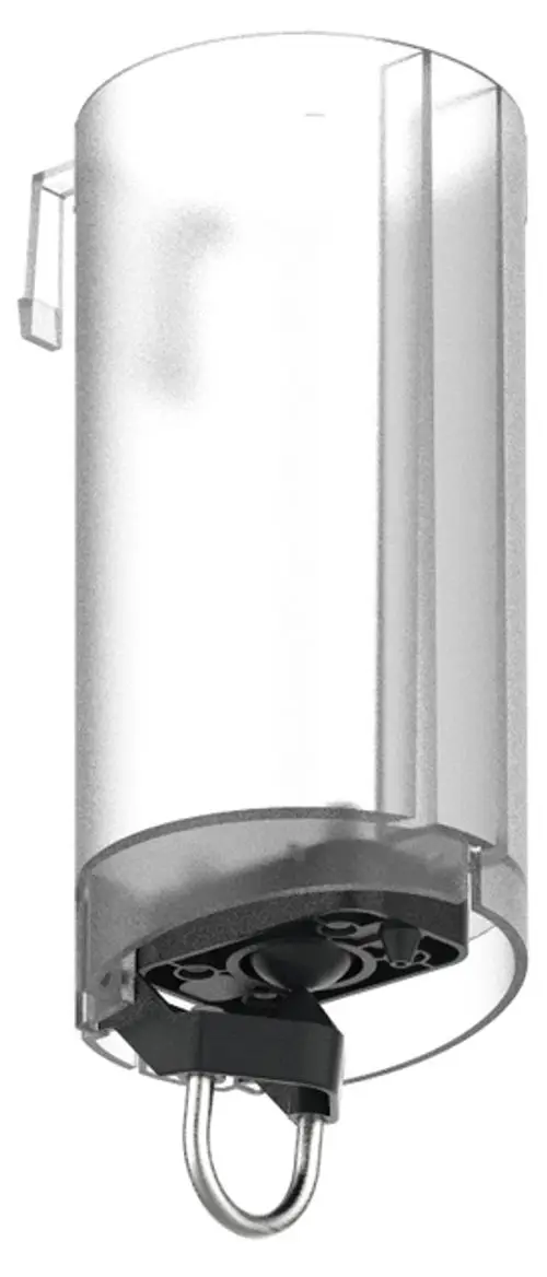 Edelstahlbehälter mit durchsichtiger Abdeckung, Pumpe und Hebelmechanismus an der Unterseite. Der Behälter gehört zur Keuco Produktlinie.
